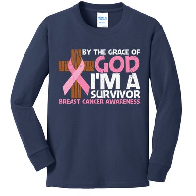 By The Grace Of God I'm A Survivor Breast Cancer Awareness Cross Pink Ribbon Kids Long Sleeve Shirt