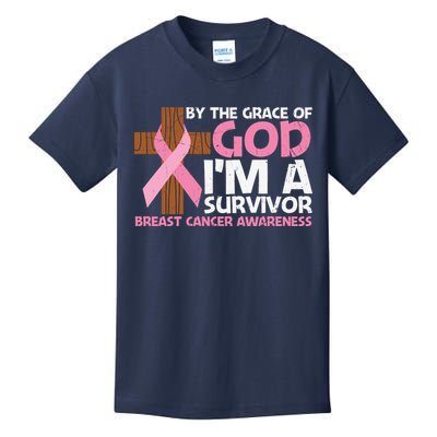 By The Grace Of God I'm A Survivor Breast Cancer Awareness Cross Pink Ribbon Kids T-Shirt