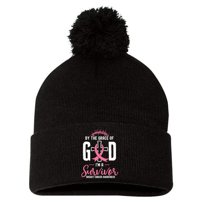 By The Grace Of God I'm A Survivor Fight Breast Cancer Women Pom Pom 12in Knit Beanie