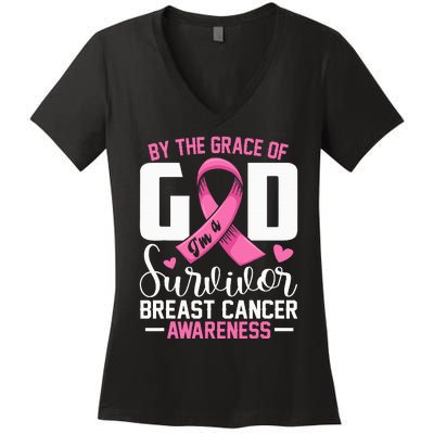 By The Grace God Im A Survivor Breast Cancer Survivor Women's V-Neck T-Shirt