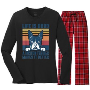 Boston Terrier Gifts For Women Men Boston Terrier Dad Mom Women's Long Sleeve Flannel Pajama Set 