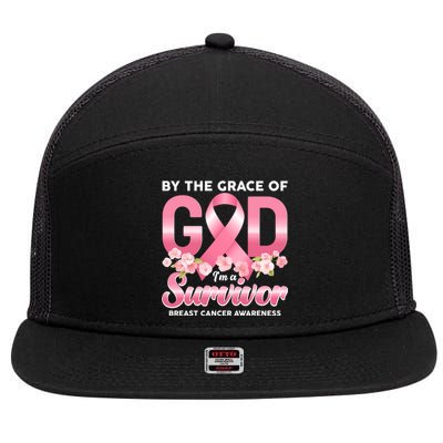 By The Grace Of God Im A Survivor Breast Cancer Awareness 7 Panel Mesh Trucker Snapback Hat