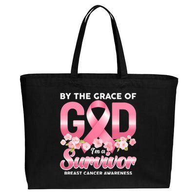 By The Grace Of God Im A Survivor Breast Cancer Awareness Cotton Canvas Jumbo Tote