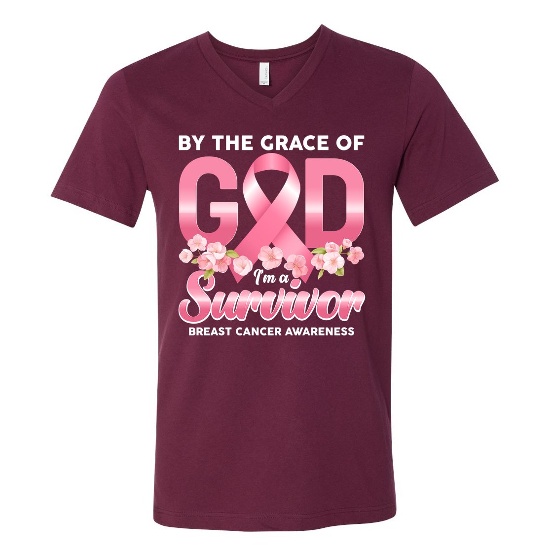 By The Grace Of God Im A Survivor Breast Cancer Awareness V-Neck T-Shirt