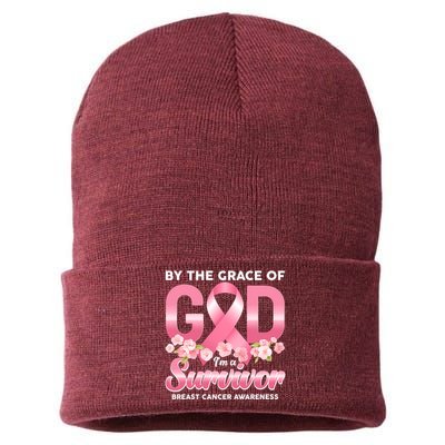By The Grace Of God Im A Survivor Breast Cancer Awareness Sustainable Knit Beanie