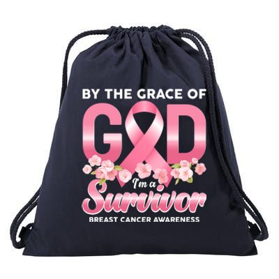 By The Grace Of God Im A Survivor Breast Cancer Awareness Drawstring Bag