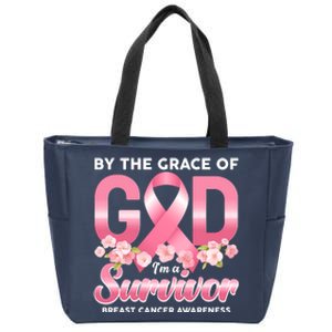 By The Grace Of God Im A Survivor Breast Cancer Awareness Zip Tote Bag