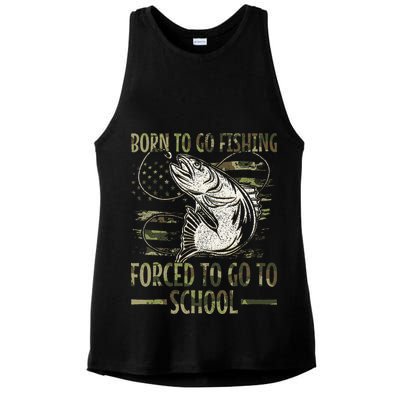 Born To Go Fishing Forced To Go To School Camo Us Flag Ladies PosiCharge Tri-Blend Wicking Tank