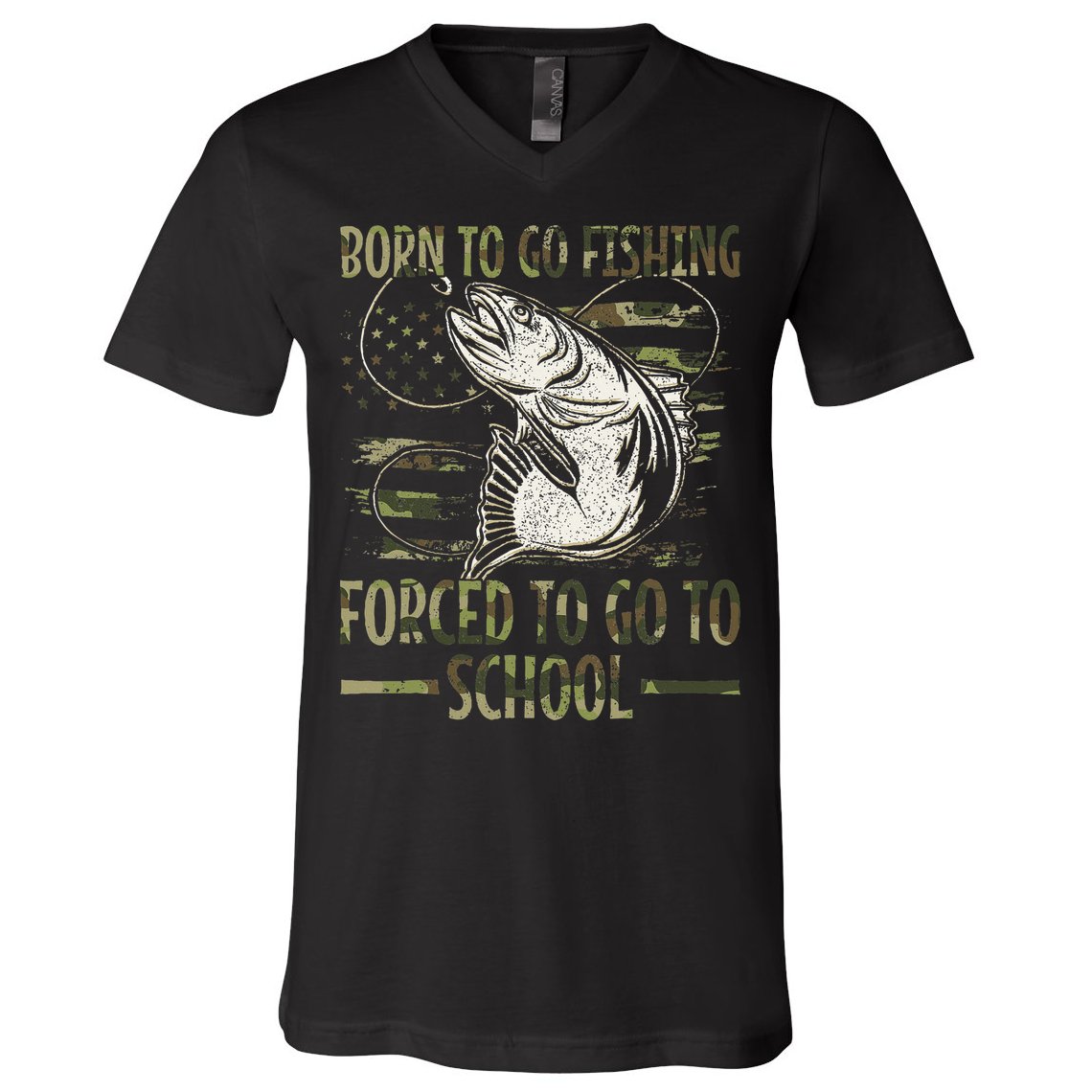 Born To Go Fishing Forced To Go To School Camo Us Flag V-Neck T-Shirt