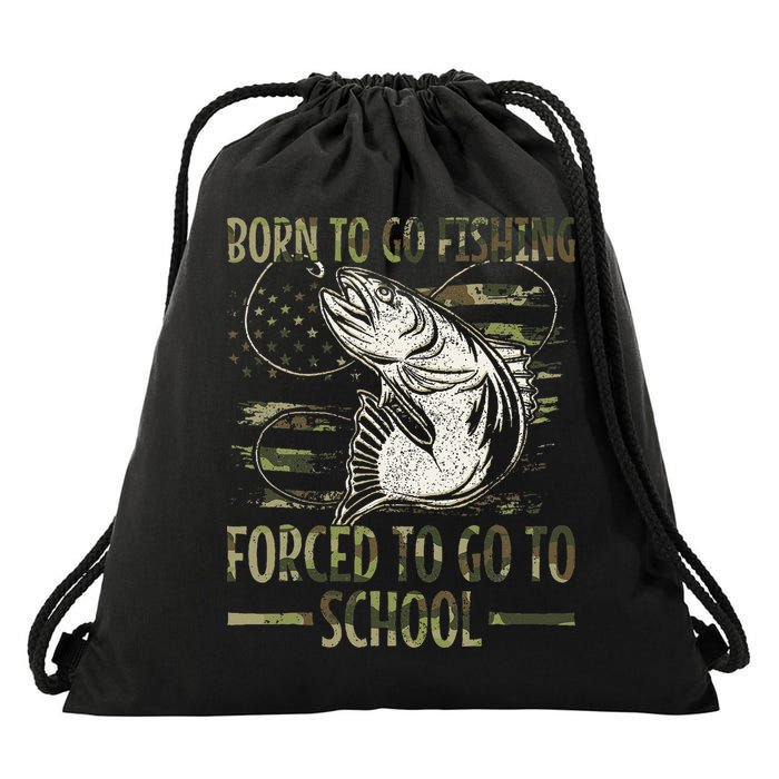 Born To Go Fishing Forced To Go To School Camo Us Flag Drawstring Bag