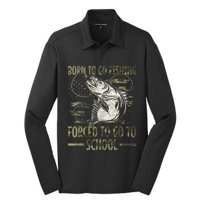 Born To Go Fishing Forced To Go To School Camo Us Flag Silk Touch Performance Long Sleeve Polo