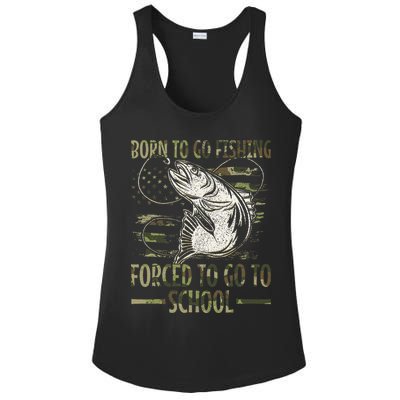 Born To Go Fishing Forced To Go To School Camo Us Flag Ladies PosiCharge Competitor Racerback Tank