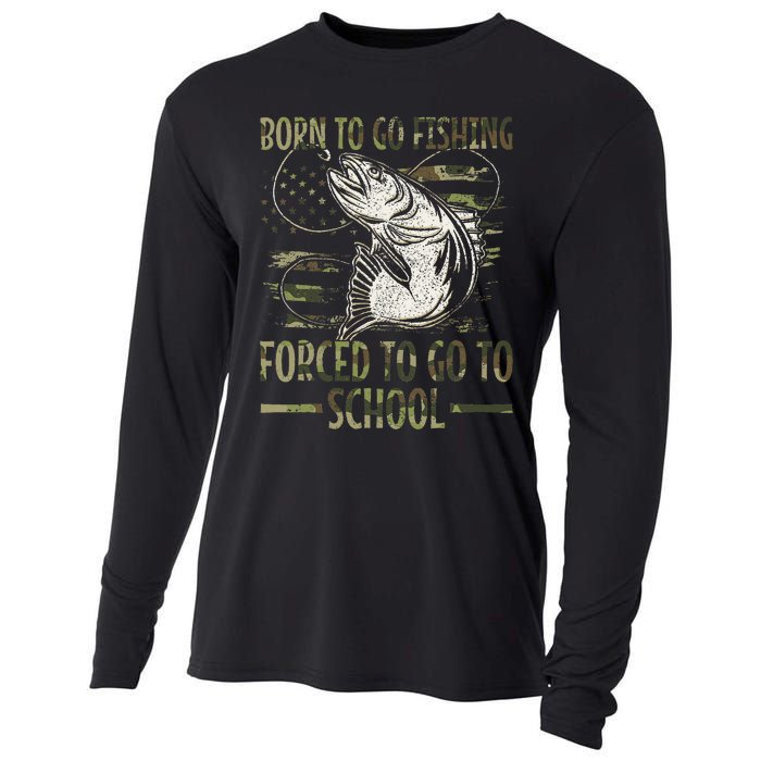 Born To Go Fishing Forced To Go To School Camo Us Flag Cooling Performance Long Sleeve Crew