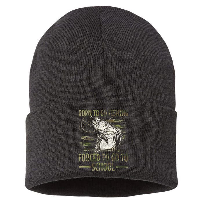 Born To Go Fishing Forced To Go To School Camo Us Flag Sustainable Knit Beanie