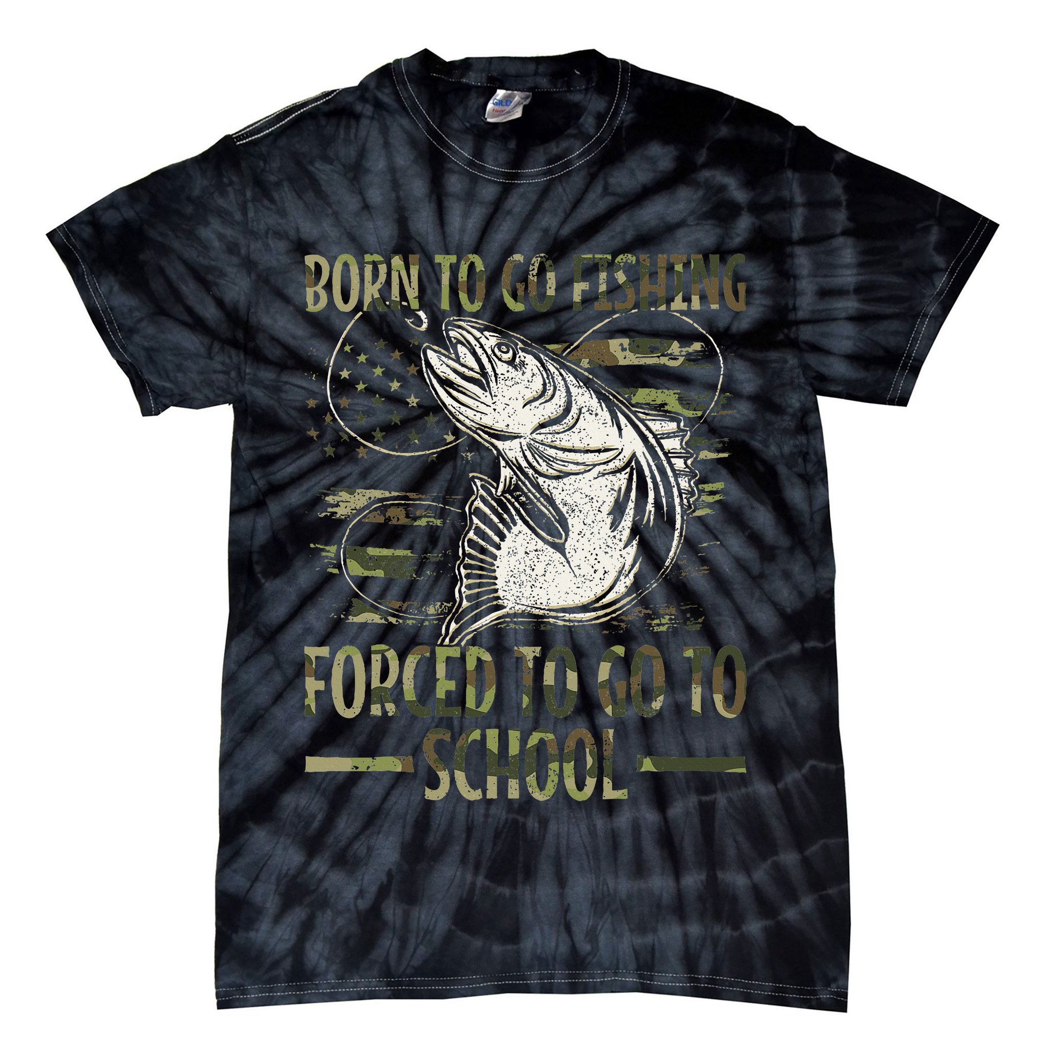 Born To Go Fishing Forced To Go To School Camo Us Flag Tie-Dye T-Shirt