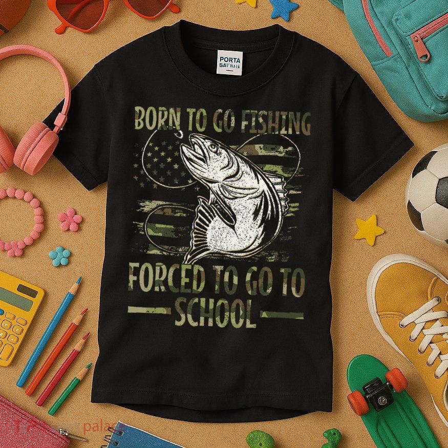 Born To Go Fishing Forced To Go To School Camo Us Flag Kids T-Shirt