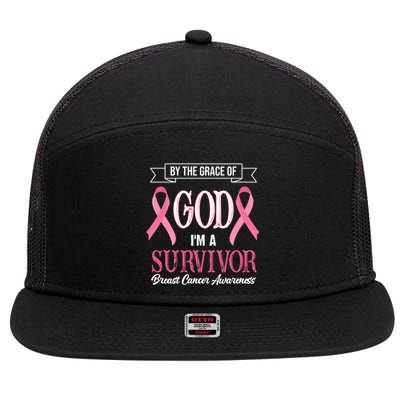 By The Grace Of God I'm A Survivor Breast Cancer Awareness 7 Panel Mesh Trucker Snapback Hat