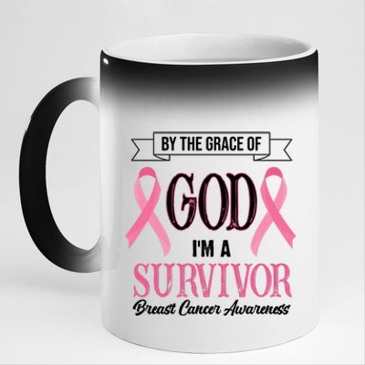 By The Grace Of God I'm A Survivor Breast Cancer Awareness 11oz Black Color Changing Mug