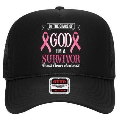 By The Grace Of God I'm A Survivor Breast Cancer Awareness High Crown Mesh Back Trucker Hat