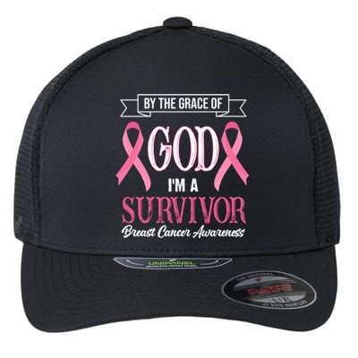 By The Grace Of God I'm A Survivor Breast Cancer Awareness Flexfit Unipanel Trucker Cap