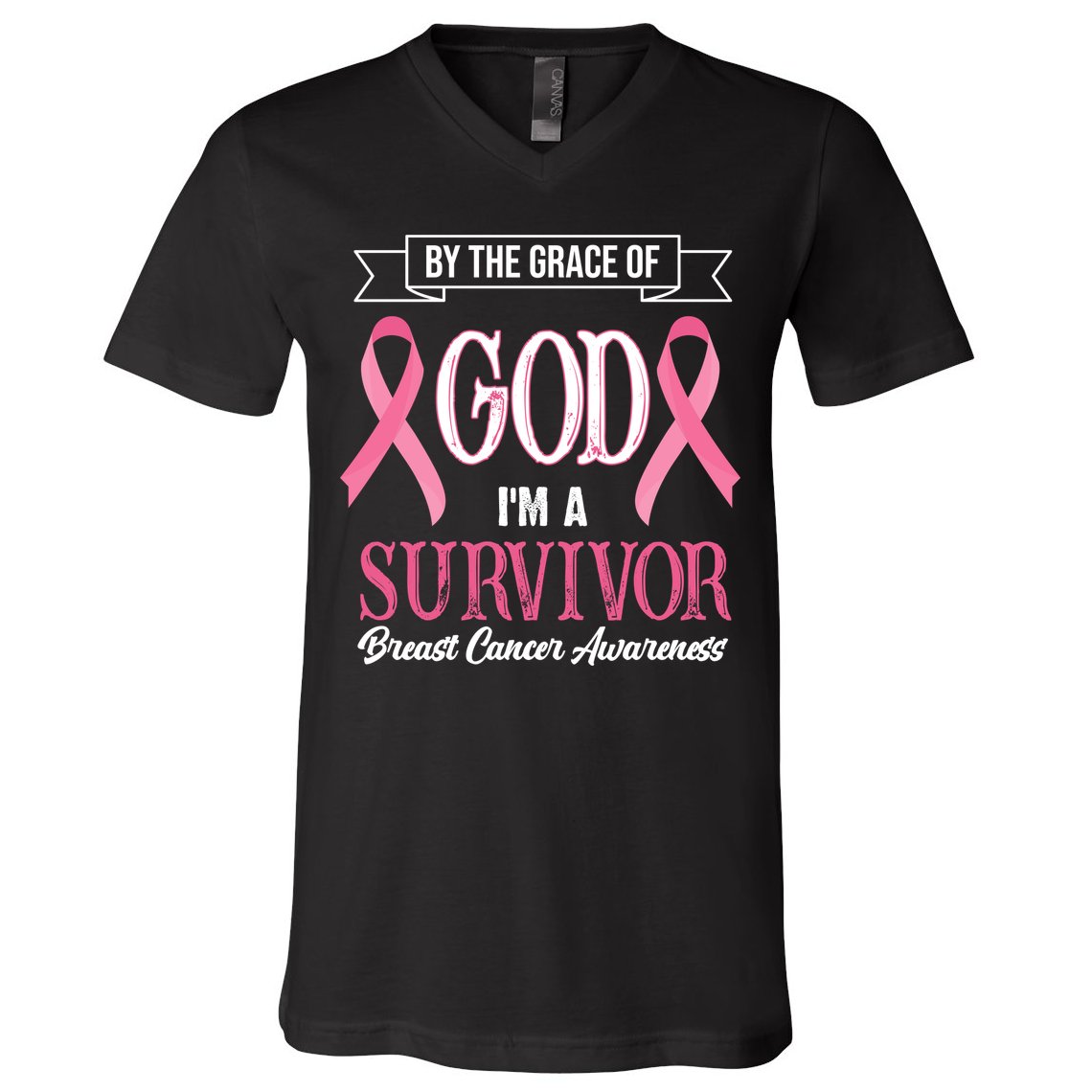 By The Grace Of God I'm A Survivor Breast Cancer Awareness V-Neck T-Shirt