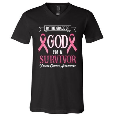 By The Grace Of God I'm A Survivor Breast Cancer Awareness V-Neck T-Shirt