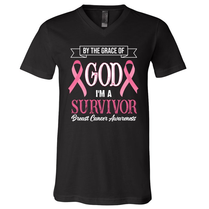 By The Grace Of God I'm A Survivor Breast Cancer Awareness V-Neck T-Shirt