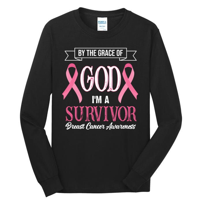 By The Grace Of God I'm A Survivor Breast Cancer Awareness Tall Long Sleeve T-Shirt