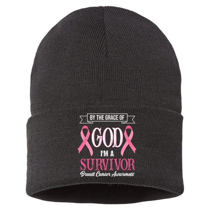 By The Grace Of God I'm A Survivor Breast Cancer Awareness Sustainable Knit Beanie