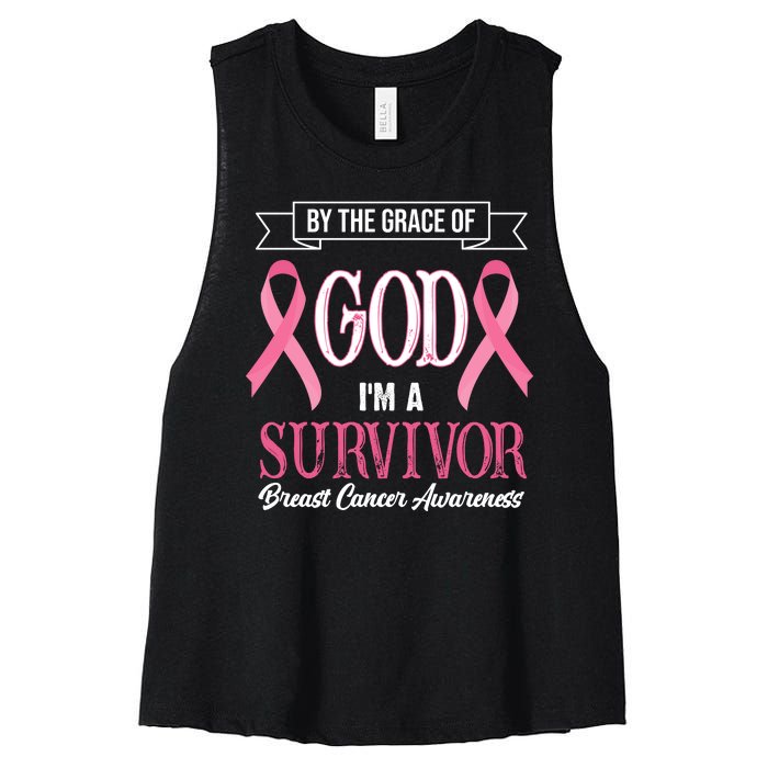 By The Grace Of God I'm A Survivor Breast Cancer Awareness Women's Racerback Cropped Tank