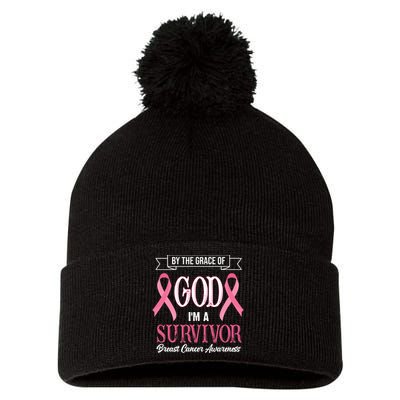 By The Grace Of God I'm A Survivor Breast Cancer Awareness Pom Pom 12in Knit Beanie