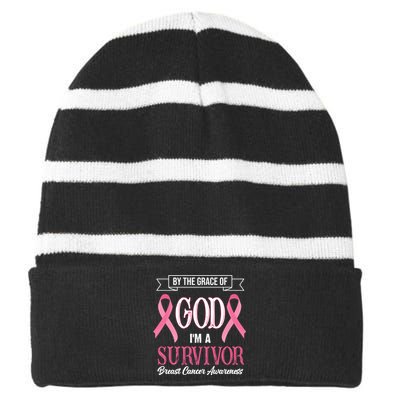 By The Grace Of God I'm A Survivor Breast Cancer Awareness Striped Beanie with Solid Band