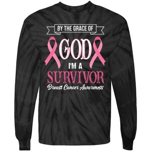 By The Grace Of God I'm A Survivor Breast Cancer Awareness Tie-Dye Long Sleeve Shirt