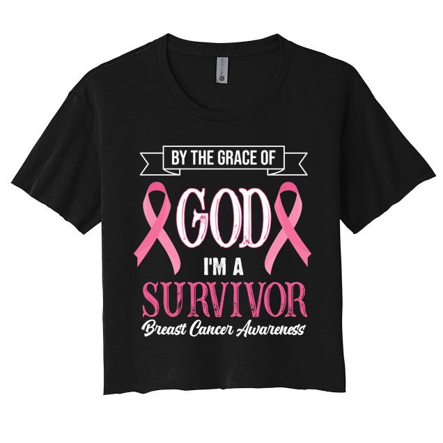 By The Grace Of God I'm A Survivor Breast Cancer Awareness Crop Top