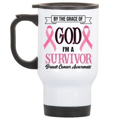 By The Grace Of God I'm A Survivor Breast Cancer Awareness Stainless Steel Travel Mug