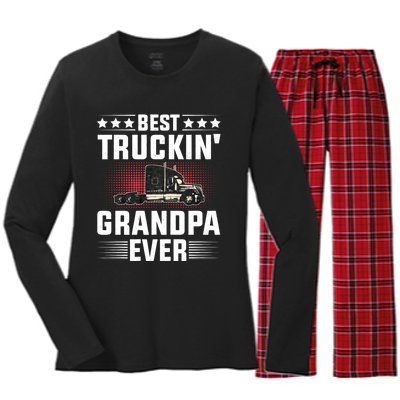 Best Truckin Grandpa Ever Fathers Day Trucker Papa Retro Women's Long Sleeve Flannel Pajama Set 