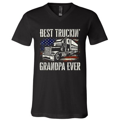 Best Truckin Grandpa Big Rig Semi Truck Driver Trucker V-Neck T-Shirt