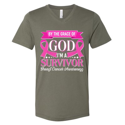 By The Grace Of God I'm A Survivor Breast Cancer Awareness V-Neck T-Shirt