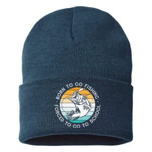 Born To Go Fishing Forced To Go To School Funny Fishing Sustainable Knit Beanie