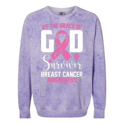 By The Grace God Im A Survivor Breast Cancer Awareness Colorblast Crewneck Sweatshirt