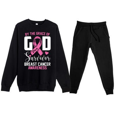 By The Grace God Im A Survivor Breast Cancer Awareness Premium Crewneck Sweatsuit Set