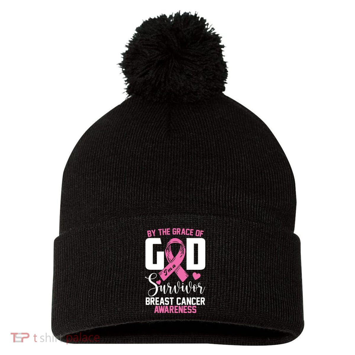 By The Grace God Im A Survivor Breast Cancer Awareness Pom Pom 12in Knit Beanie