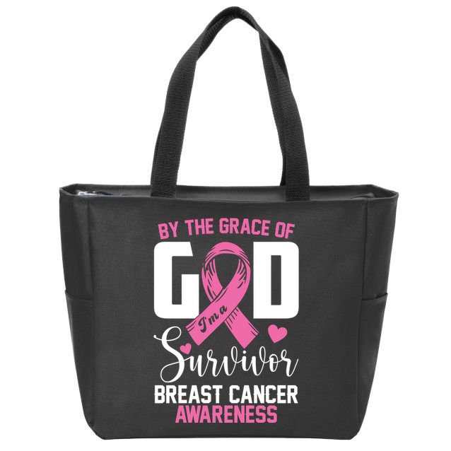 By The Grace God Im A Survivor Breast Cancer Awareness Zip Tote Bag