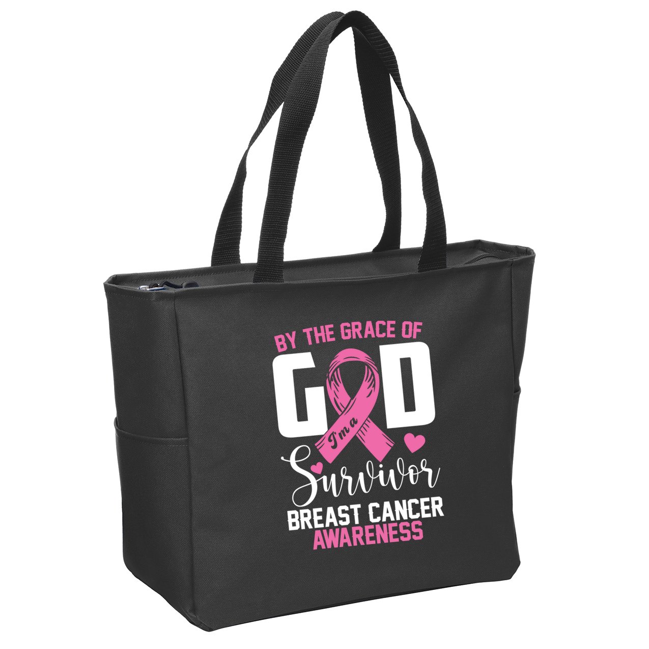 By The Grace God Im A Survivor Breast Cancer Awareness Zip Tote Bag