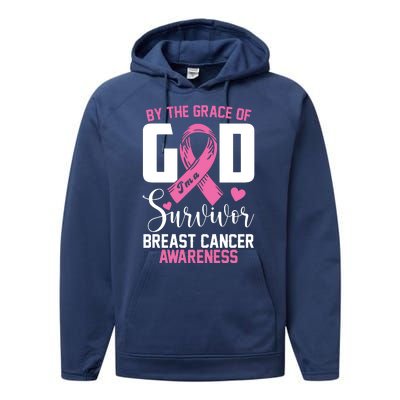 By The Grace God Im A Survivor Breast Cancer Awareness Performance Fleece Hoodie