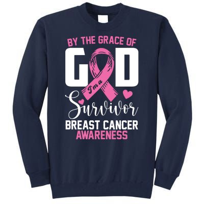 By The Grace God Im A Survivor Breast Cancer Awareness Tall Sweatshirt