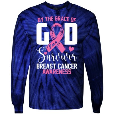 By The Grace God Im A Survivor Breast Cancer Awareness Tie-Dye Long Sleeve Shirt