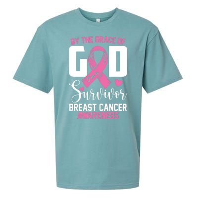 By The Grace God Im A Survivor Breast Cancer Awareness Sueded Cloud Jersey T-Shirt