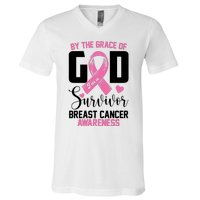 By The Grace God Im A Survivor Breast Cancer Awareness V-Neck T-Shirt