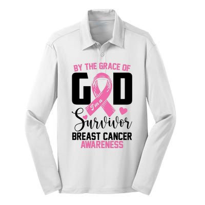 By The Grace God Im A Survivor Breast Cancer Awareness Silk Touch Performance Long Sleeve Polo